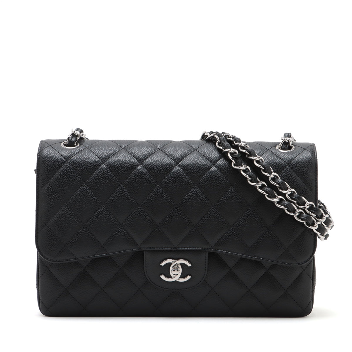 CHANEL DECAMATRASSE 30  Caviar S Double Flap Double Chain Bag Black Silver  A58600