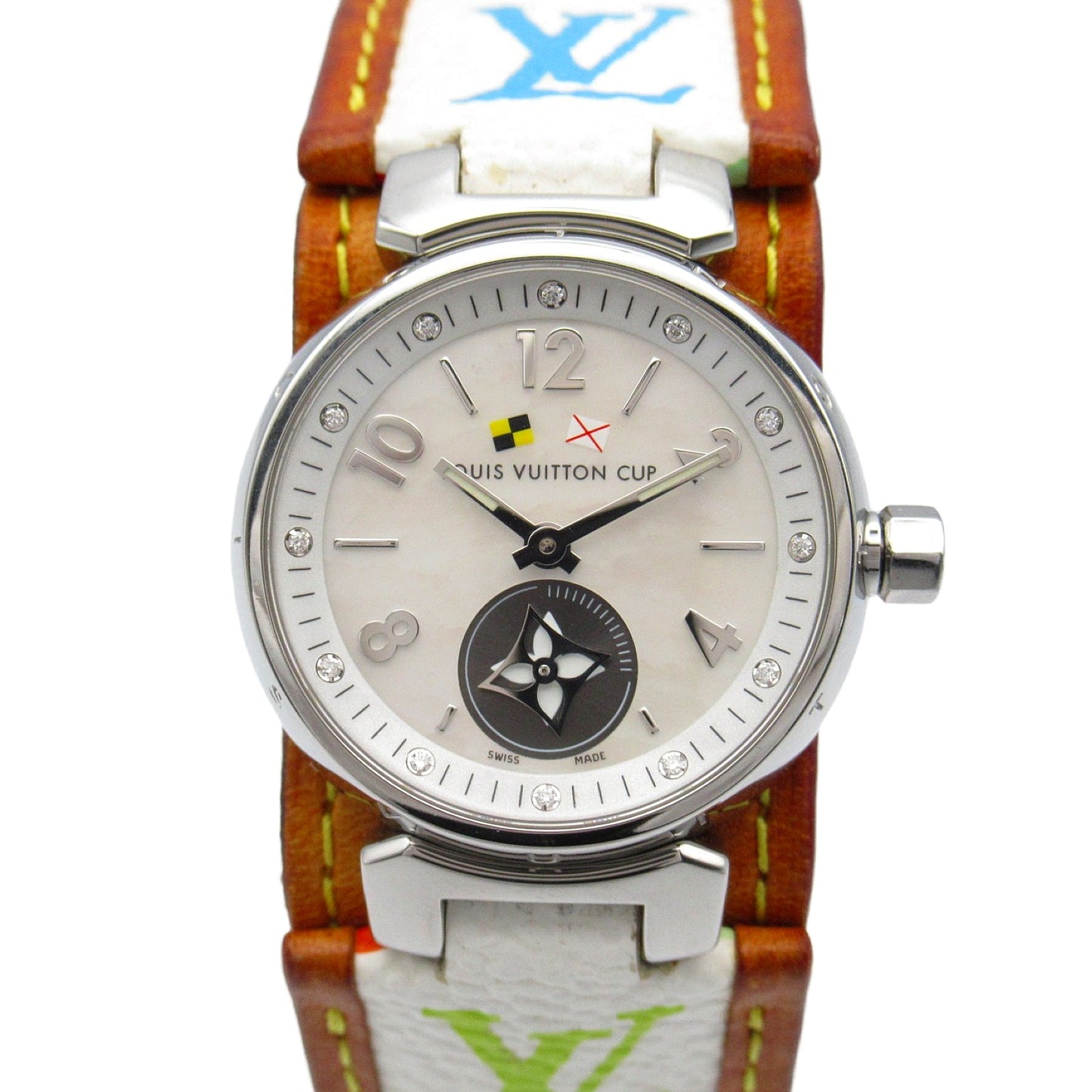 Louis Vuitton Louis Vuitton Tambour Lob Cup 12P Diamond  Watch Stainless Steel Leather Belt  White S Q12M0