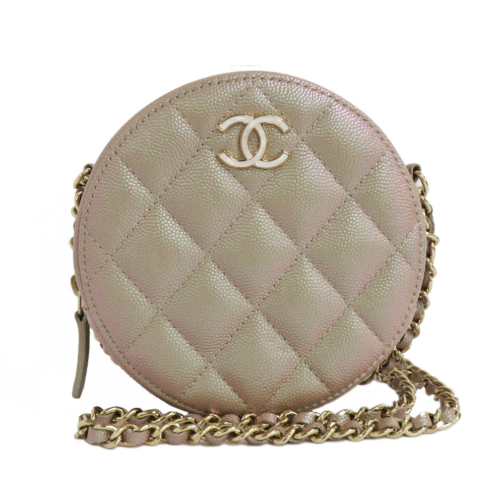 CHANEL Chanel Matrasse Round Chain Shoulder Bag Pouch AP0314 Metal Beige G  Coco  Caviar S Leather  Round