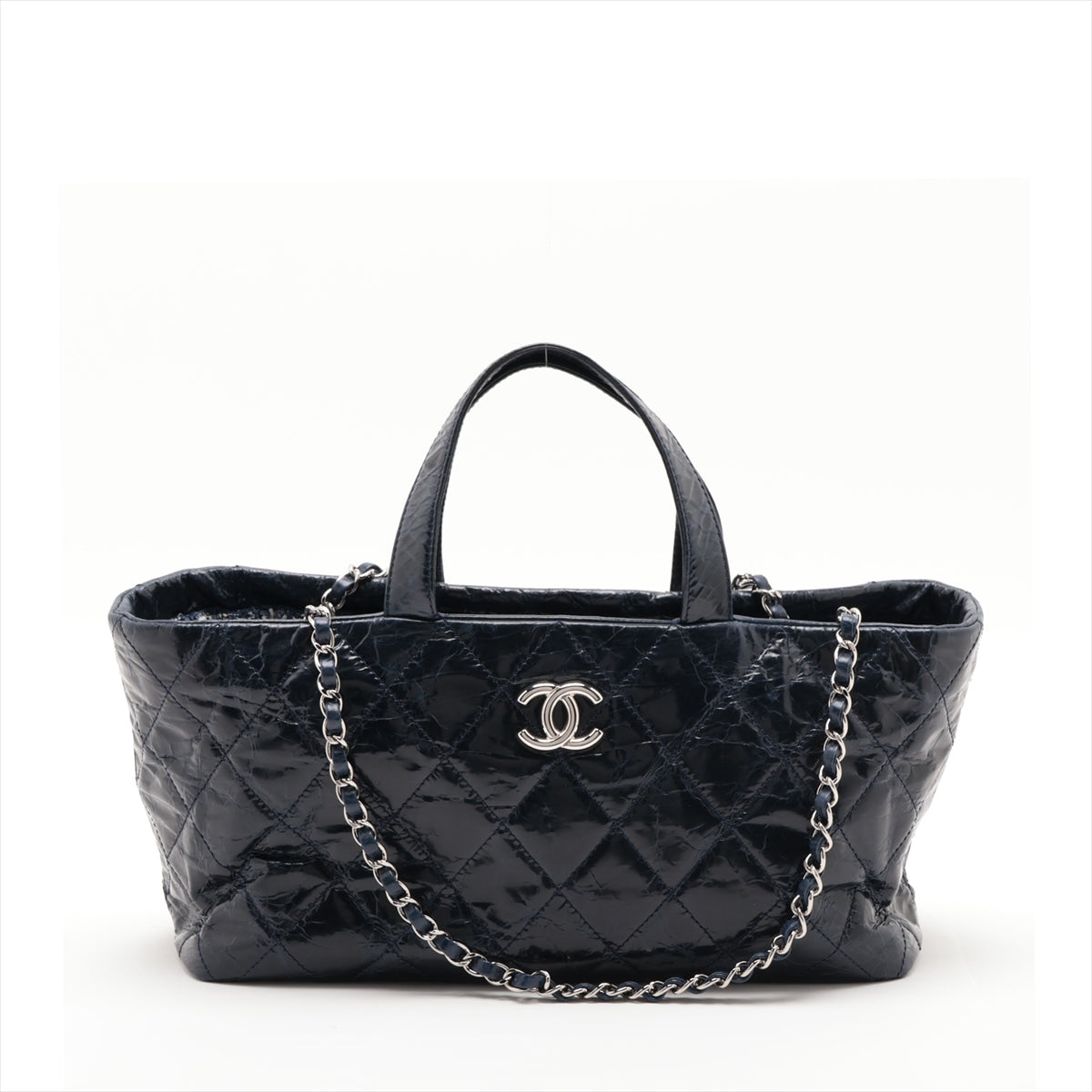 Chanel Porte Bello Patent Leather 2WAY Handbag Chain Shoulder Navy Silver  13th