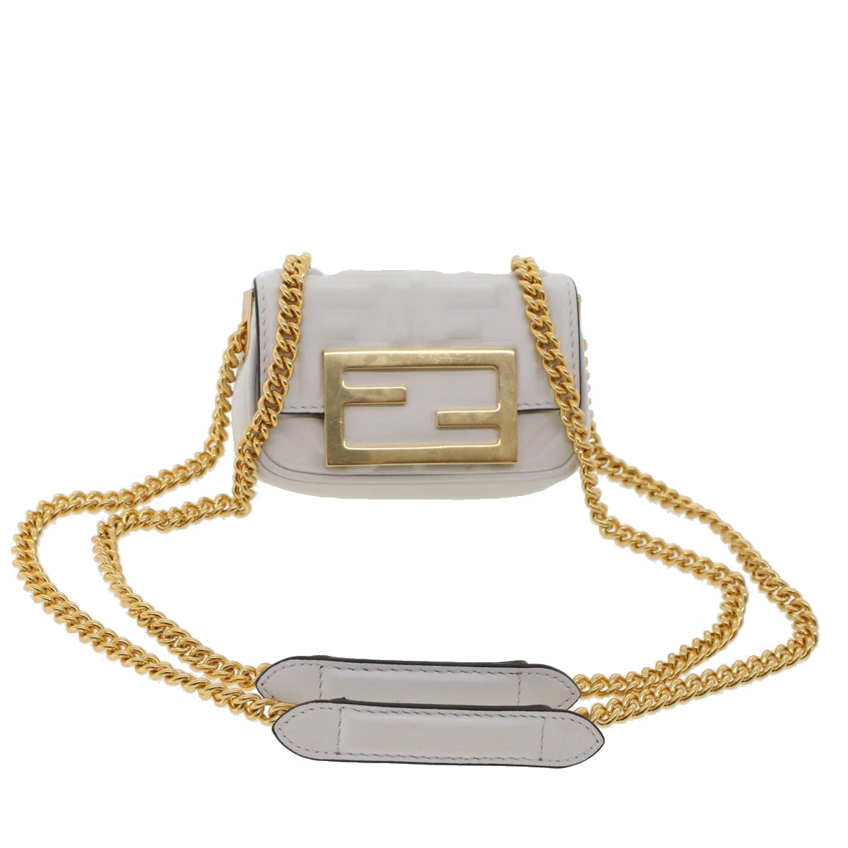 FENDI Zucca Canvas Nano Baguette Chain Shoulder Bag Leather White