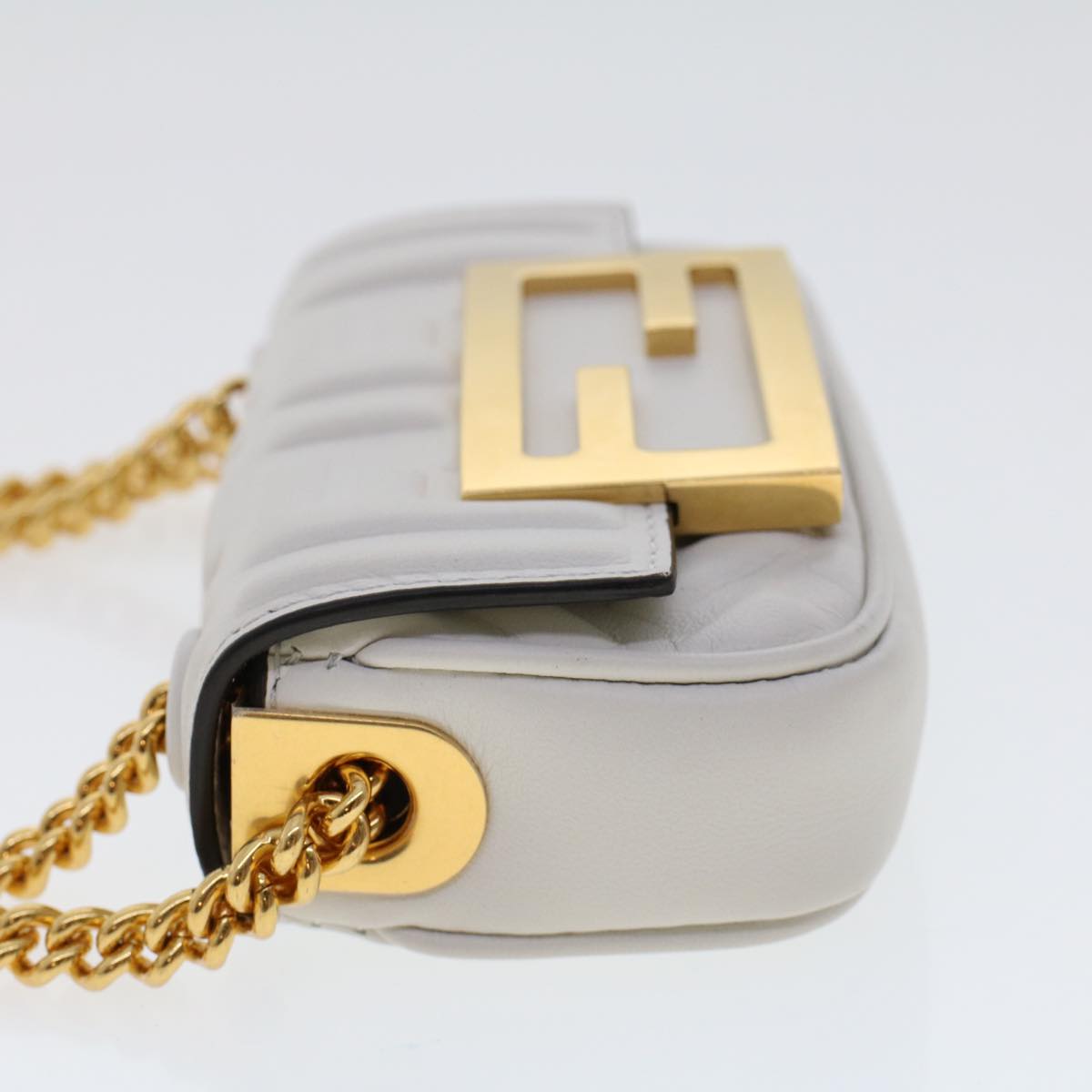 FENDI Zucca Canvas Nano Baguette Chain Shoulder Bag Leather White