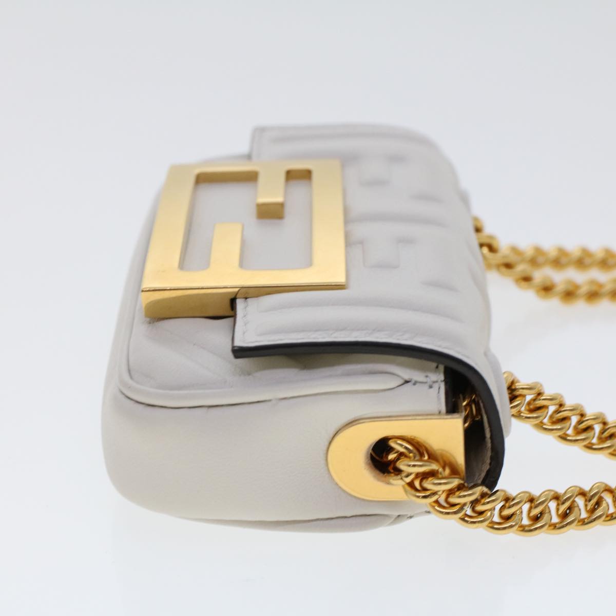 FENDI Zucca Canvas Nano Baguette Chain Shoulder Bag Leather White