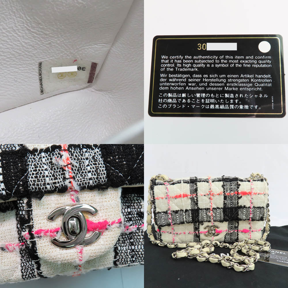 Chanel Mini Matrasse 20 Tweed Chain Shoulder Bag Single Flap Single Chain White X Black X Pink  Silver  Coco Mark