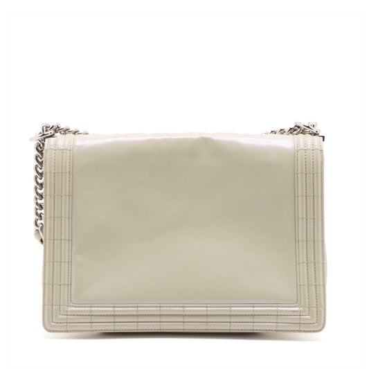 Chanel Boy Chanel Patent Leather Chain Shoulder Bag Pearl White Silver