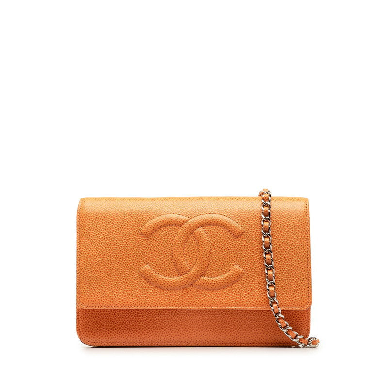 Chanel Coco Chain Wallet Shoulder Bag Orange Silver Caviar S  CHANEL