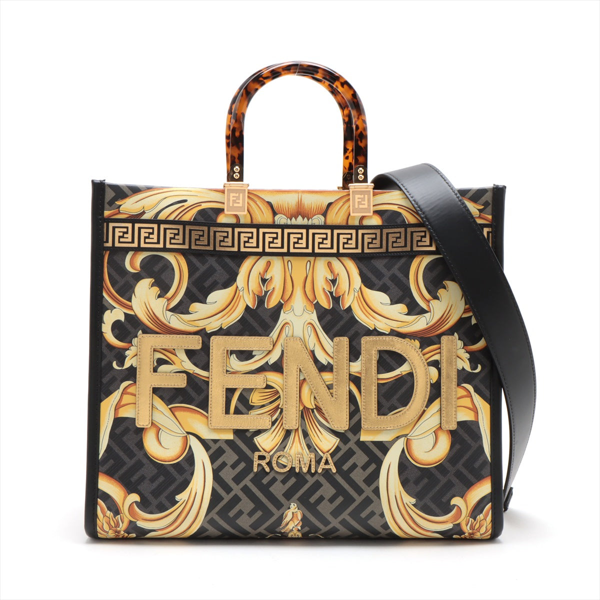 Fendi X Versace Fenderche Sunshine Leather 2WAY Handbag Black