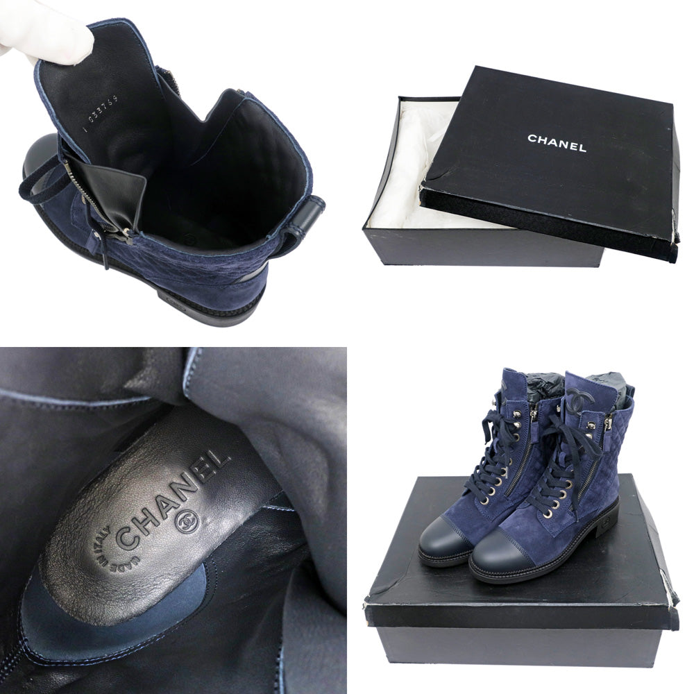 Chanel Race Up Boots tening Suede Navy Highcut Boots Coco G33769 Size 37 Shoes