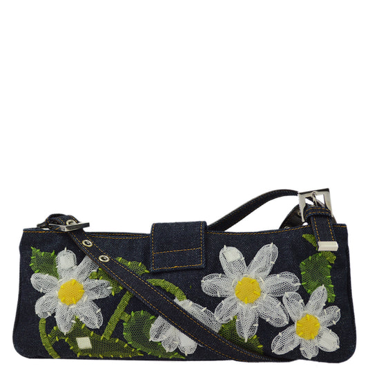 Fendi Blue Denim Floral Embroidered Shoulder Bag