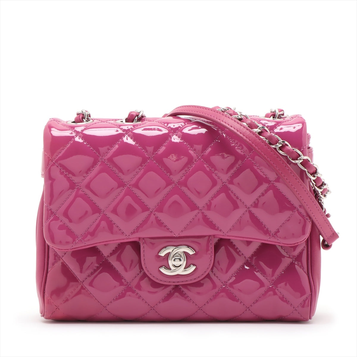 Chanel Matrasse Patent Leather Single Flap Double Chain Bag Pink Silver