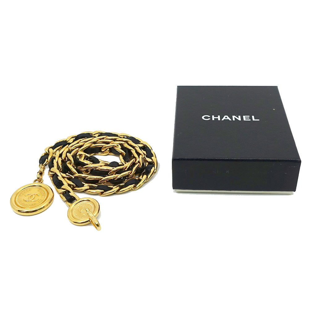 CHANEL Chain Belt CC Mark Coin A10991 About 90cm About 188.9g Black G  GP Gold  Women  Dress Small Box