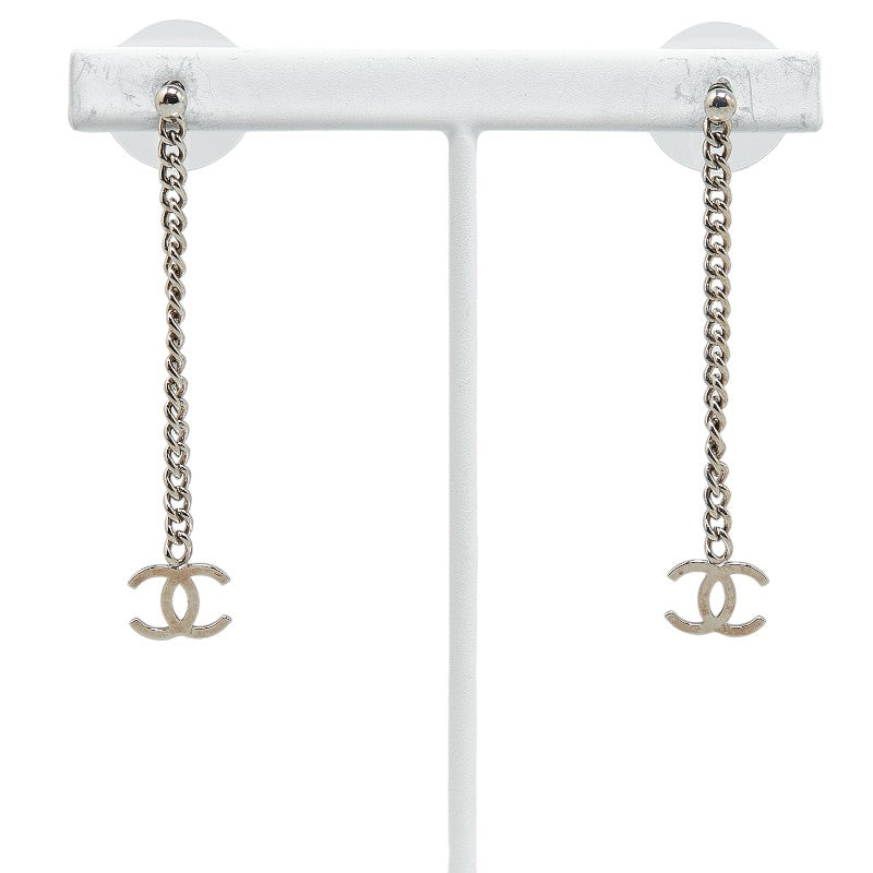 Chanel Coco Long Chain Stud Earrings Silver Metal  Chanel