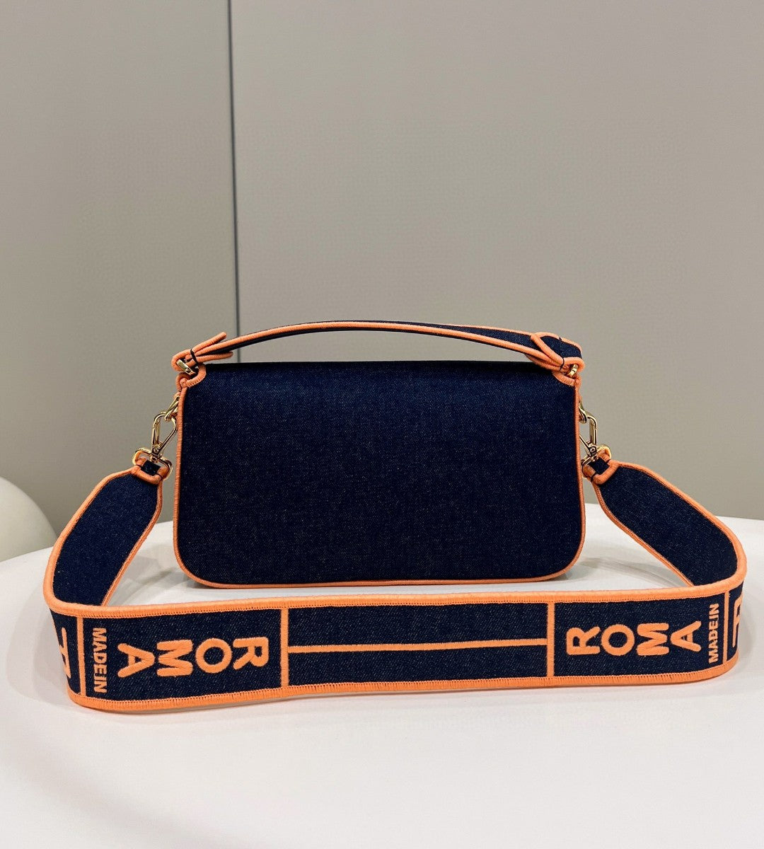 Fendi Baguette Blue Denim Orange Border Bag