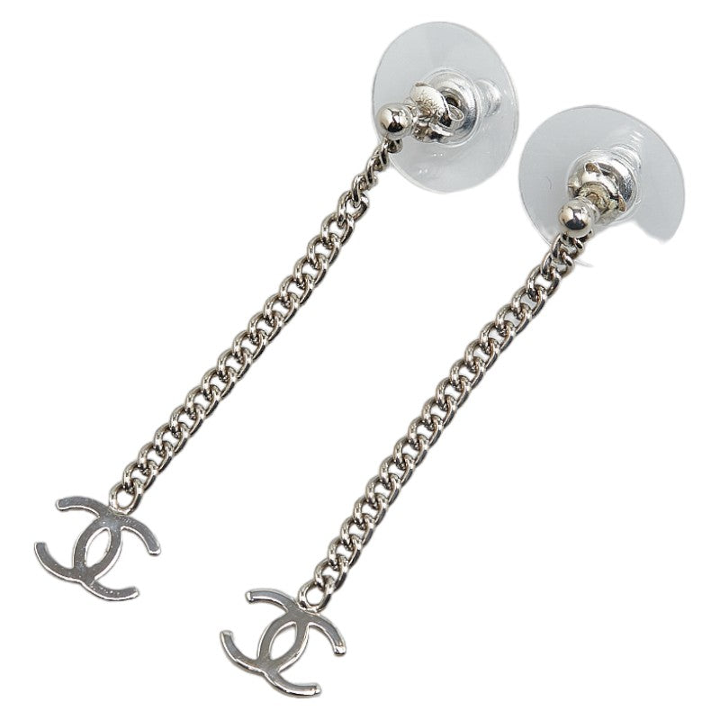 Chanel Coco Long Chain Stud Earrings Silver Metal  Chanel