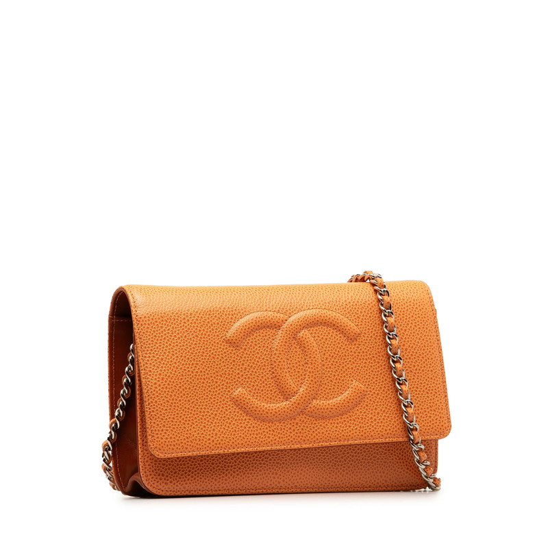 Chanel Coco Chain Wallet Shoulder Bag Orange Silver Caviar S  CHANEL