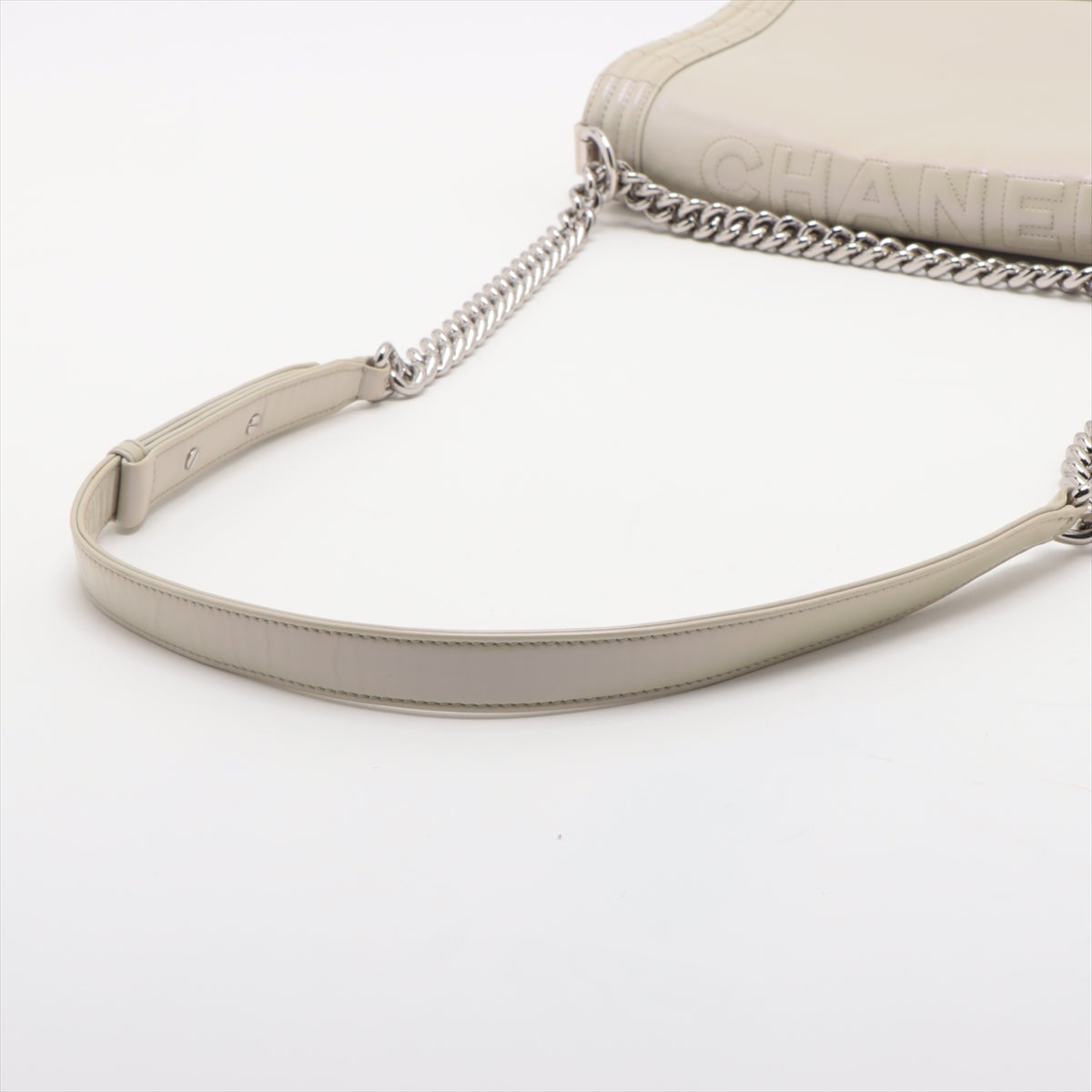 Chanel Boy Chanel Patent Leather Chain Shoulder Bag Pearl White Silver