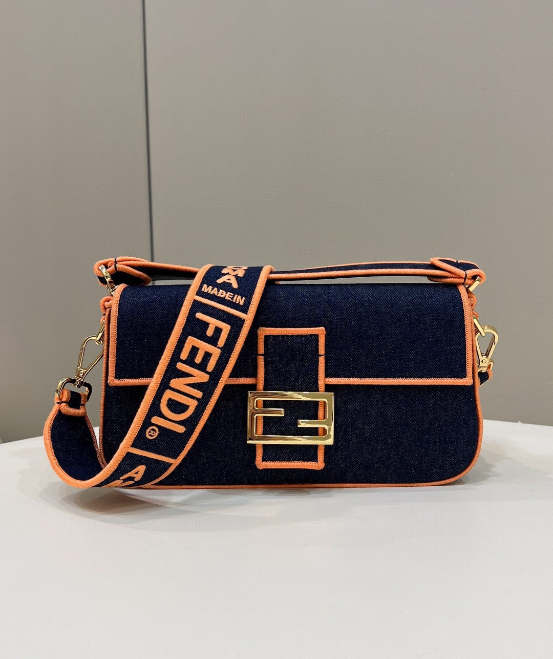 Fendi Baguette Blue Denim Orange Border Bag