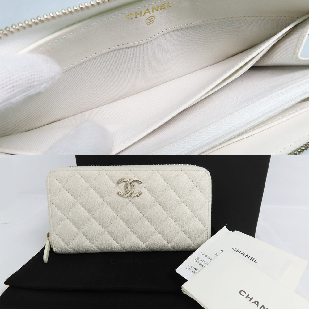 CHANEL CHANEL Long Zip Wallet AP3337 Matrasse Caviar S White G  Round  Long Wallet Coco Small Leather