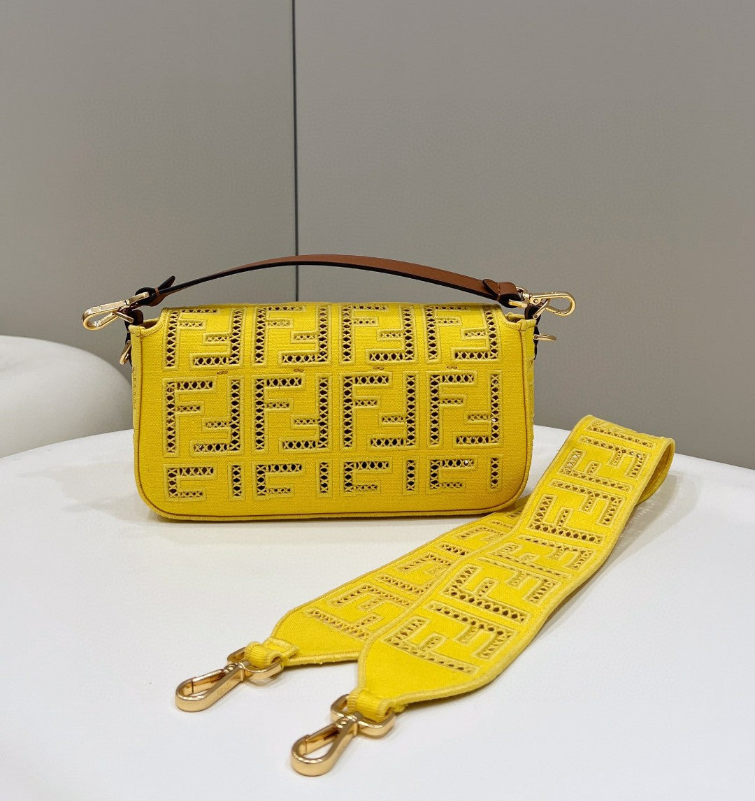 Fendi Baguette Yellow with Embroidery Medium Bag For Woman 28cm/11in