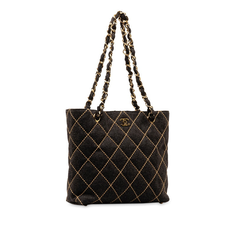 Chanel Wild Stitch Coco Chain Tote Shoulder Bag Black Felt  Chanel