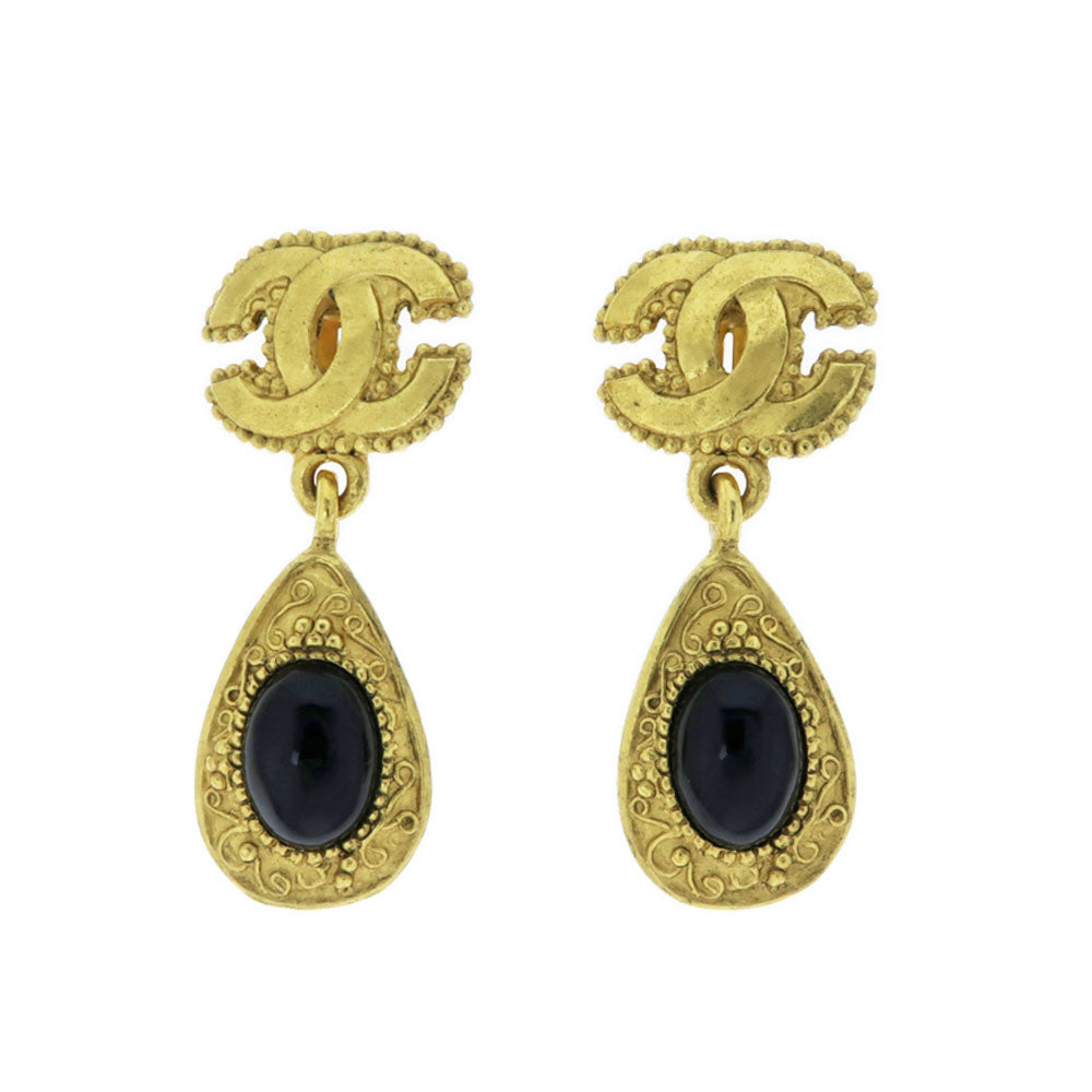 Chanel Earring 96A One Pair Coco Mark CC Color Stone Black G Accessoires