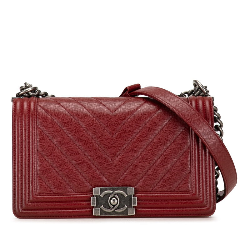 Chanel Boy Chanel 25 V Stitch Chain Shoulder Bag Wine Red Caviar S  Chanel