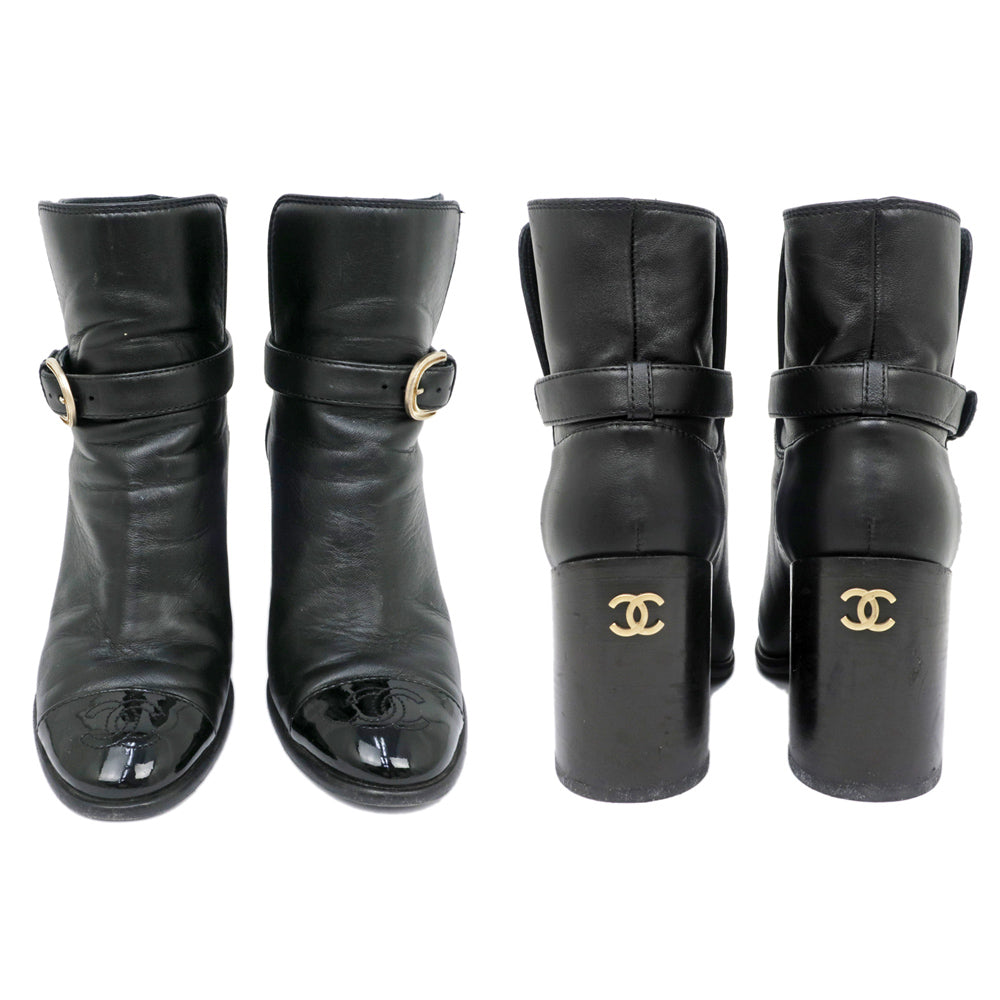 Chanel Anchor Boots 34 1/2C BK Black G38064 Leather Patent Strap CC Mark Shoes