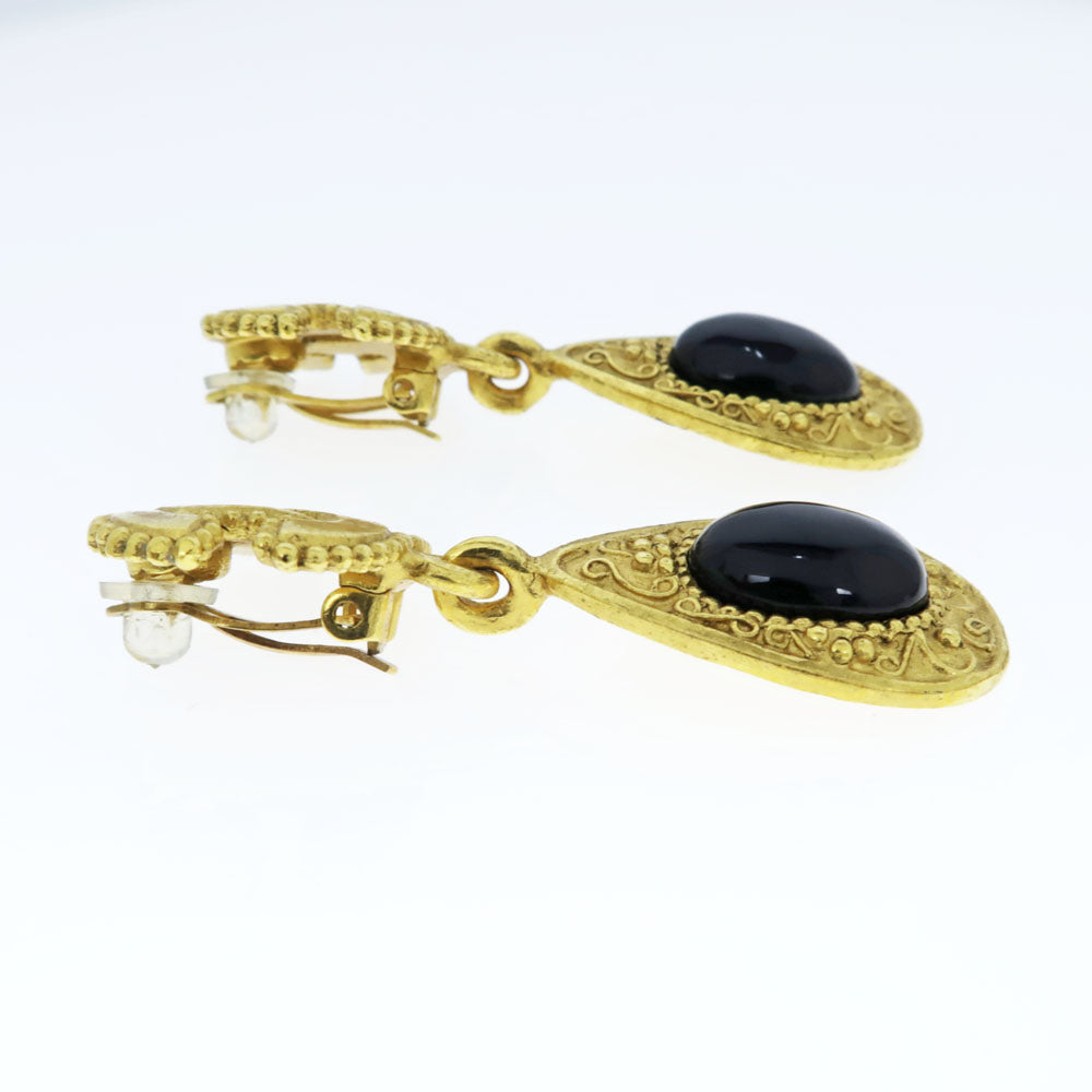 Chanel Earring 96A One Pair Coco Mark CC Color Stone Black G Accessoires