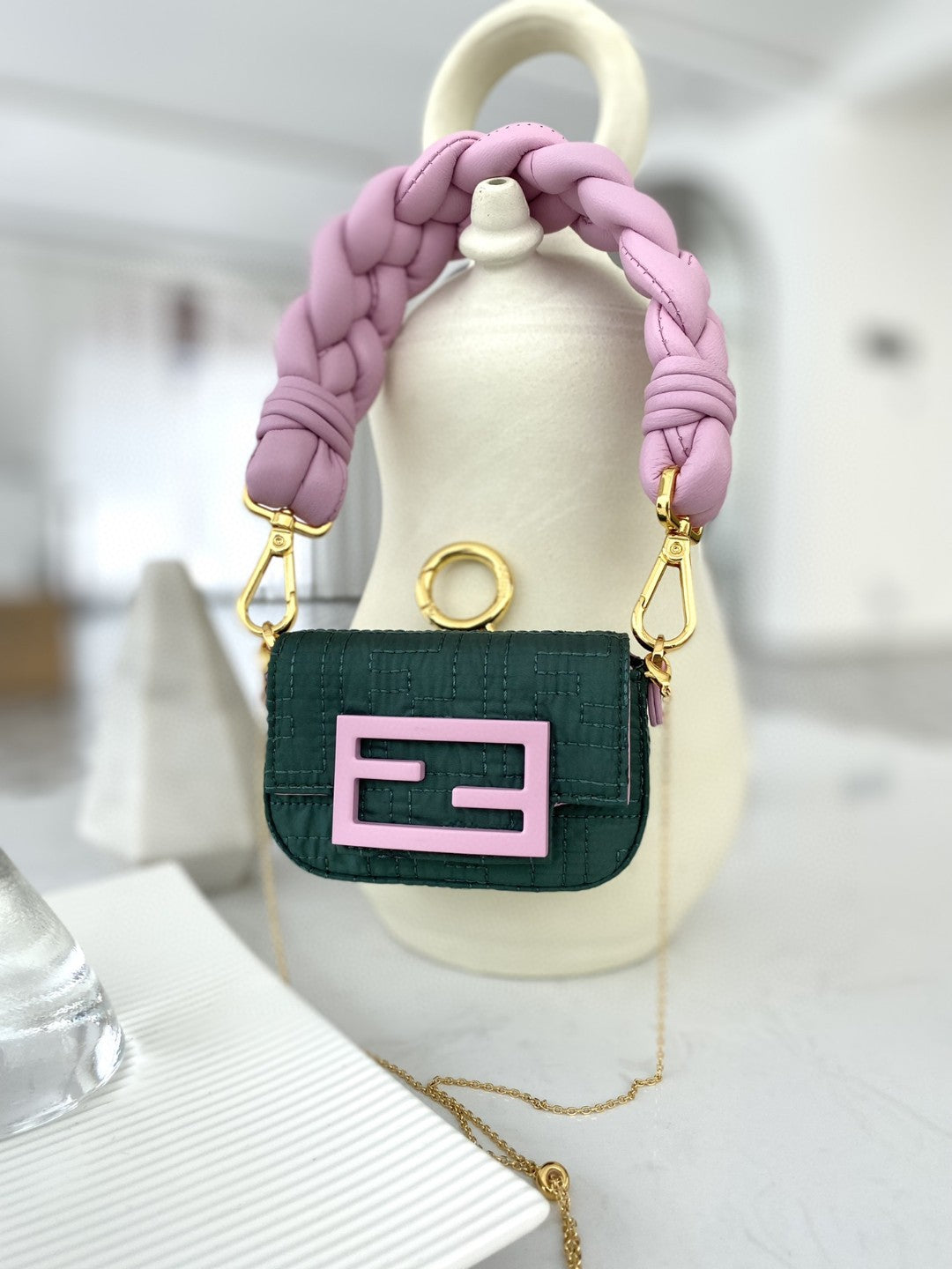 Fendi Nano Baguette Maxi Handle Pink and Green Bag