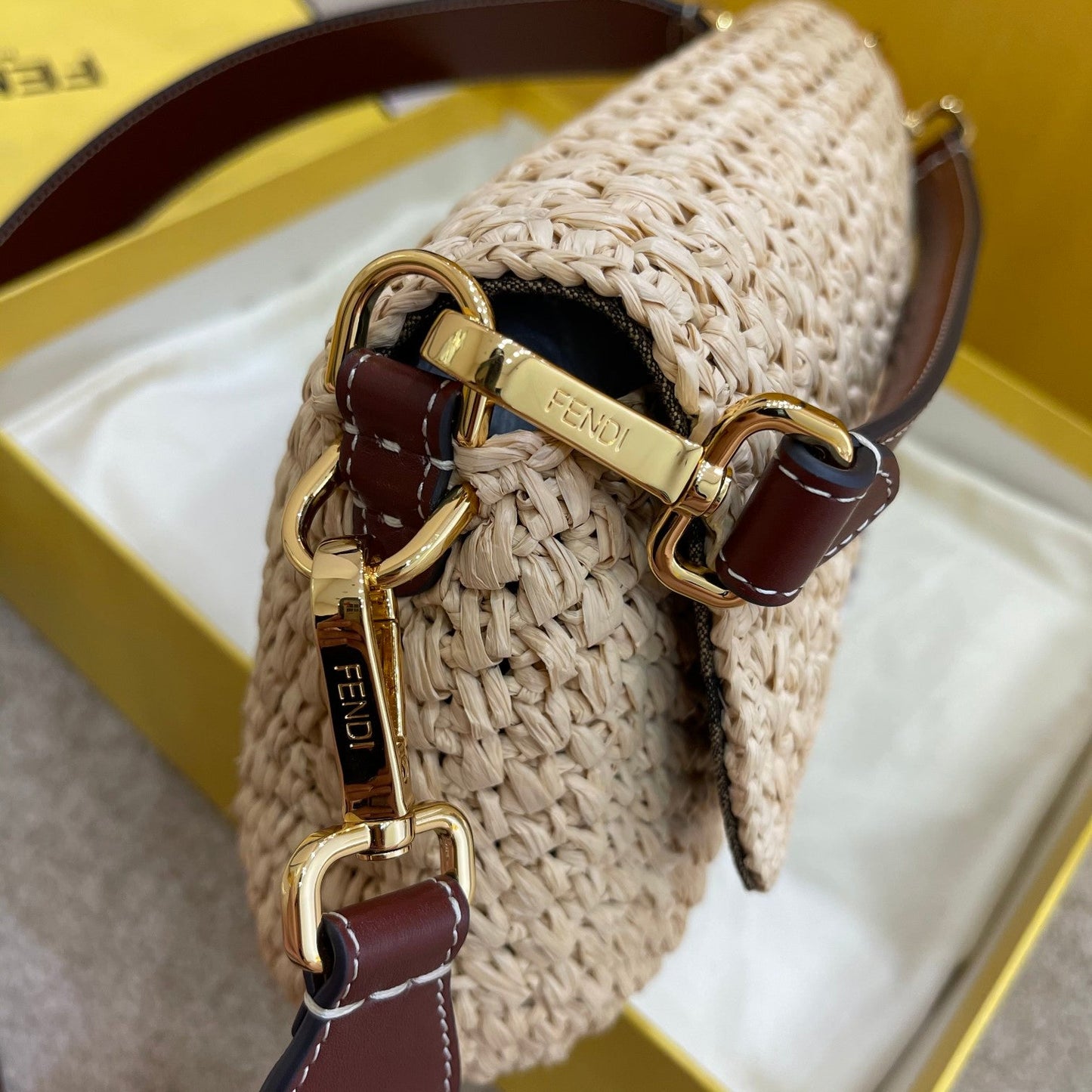 Fendi Baguette Woven Straw Red