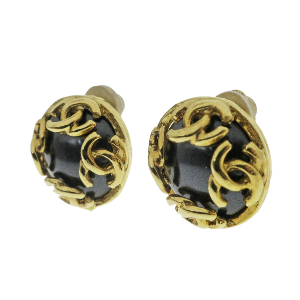 Chanel Earring 95A Round One Pair Coco Mark CC Color Stone Black G Accessoires