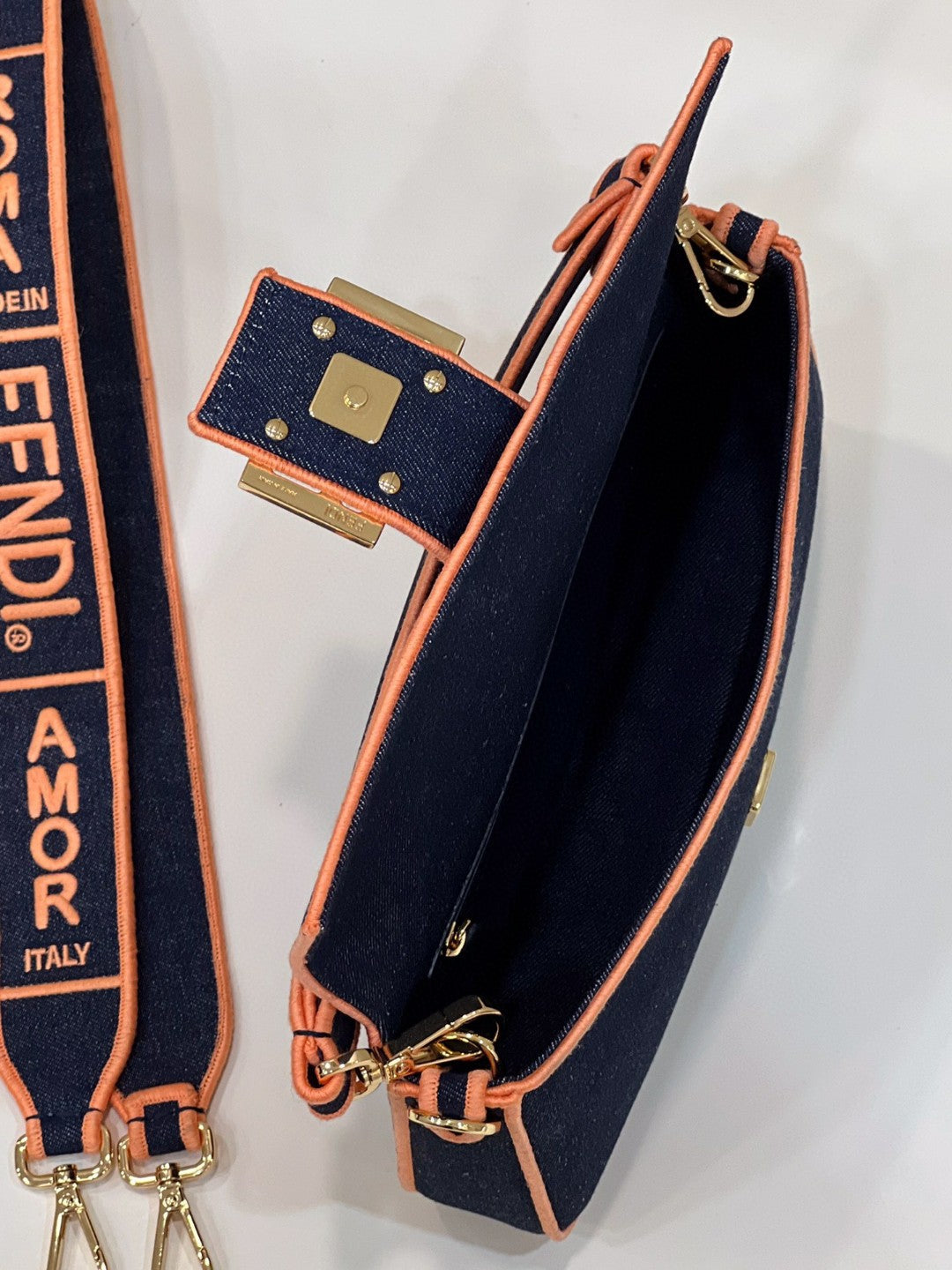 Fendi Baguette Blue Denim Orange Border Bag