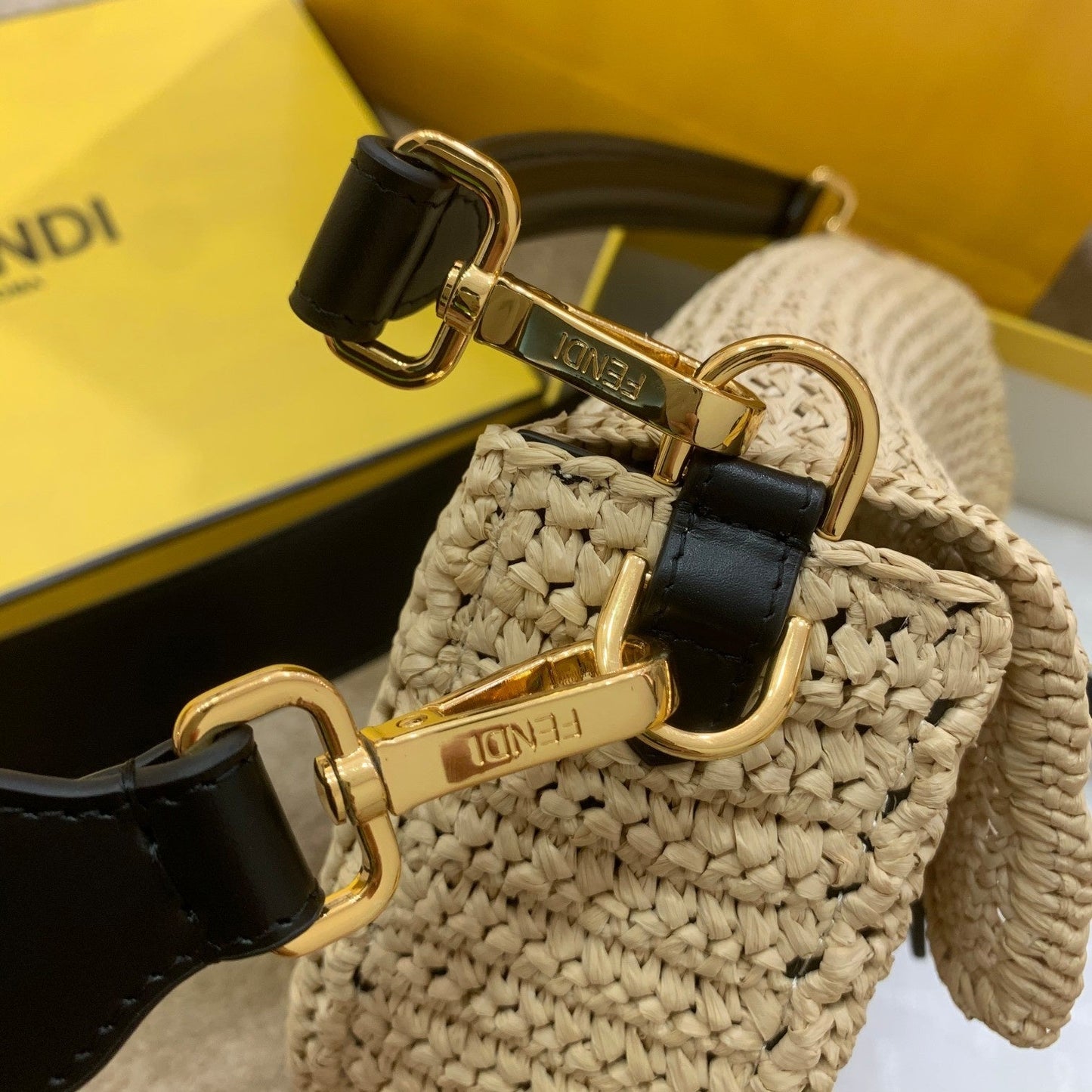 Fendi Baguette Woven Straw Black