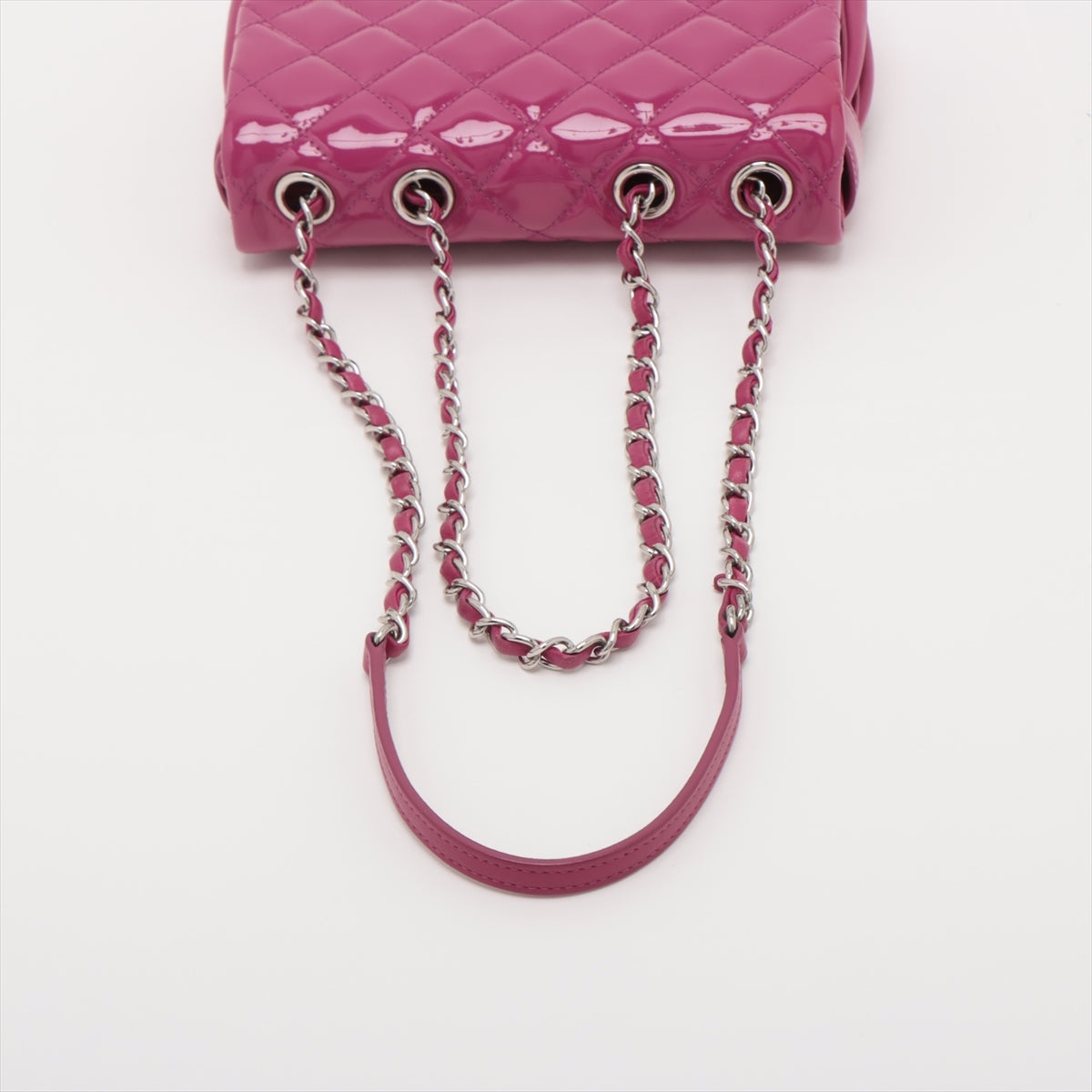 Chanel Matrasse Patent Leather Single Flap Double Chain Bag Pink Silver