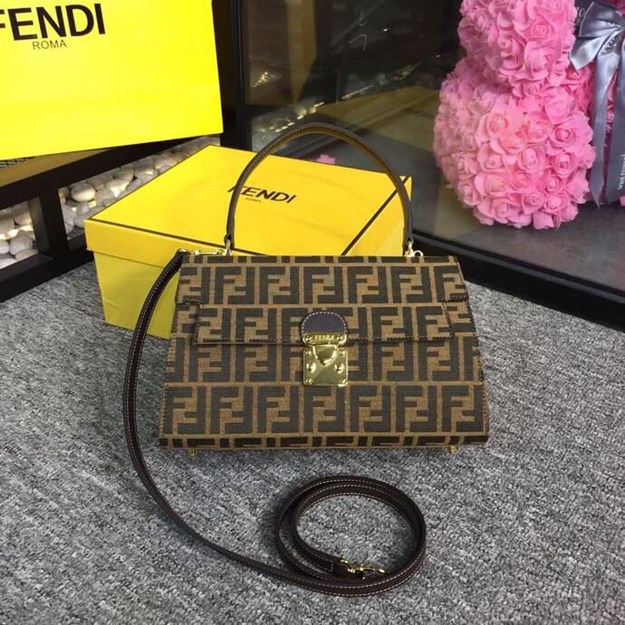 Fendi FF Canvas Single Handle 11.8in/30cm Shoulder Bag Brown For Women