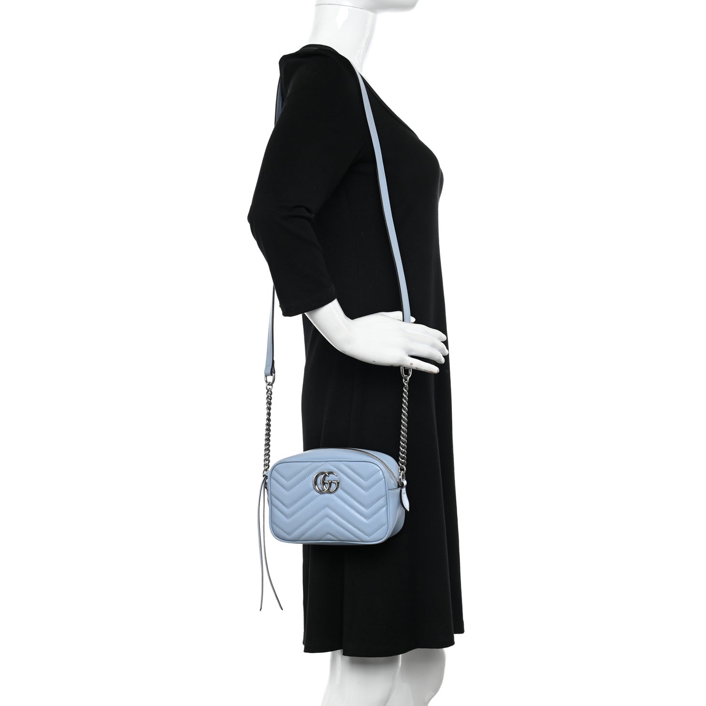 Gucci  Calfskin Matelasse Mini GG Marmont Chain Shoulder Bag Porcelain Light Blue