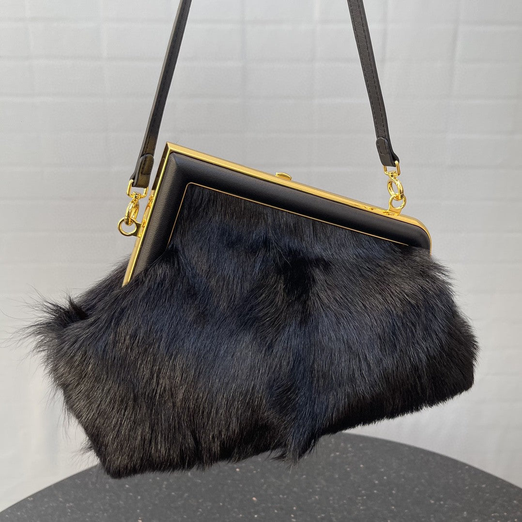 FI First Small Black Fox Fur Bag For Woman 26cm/10in