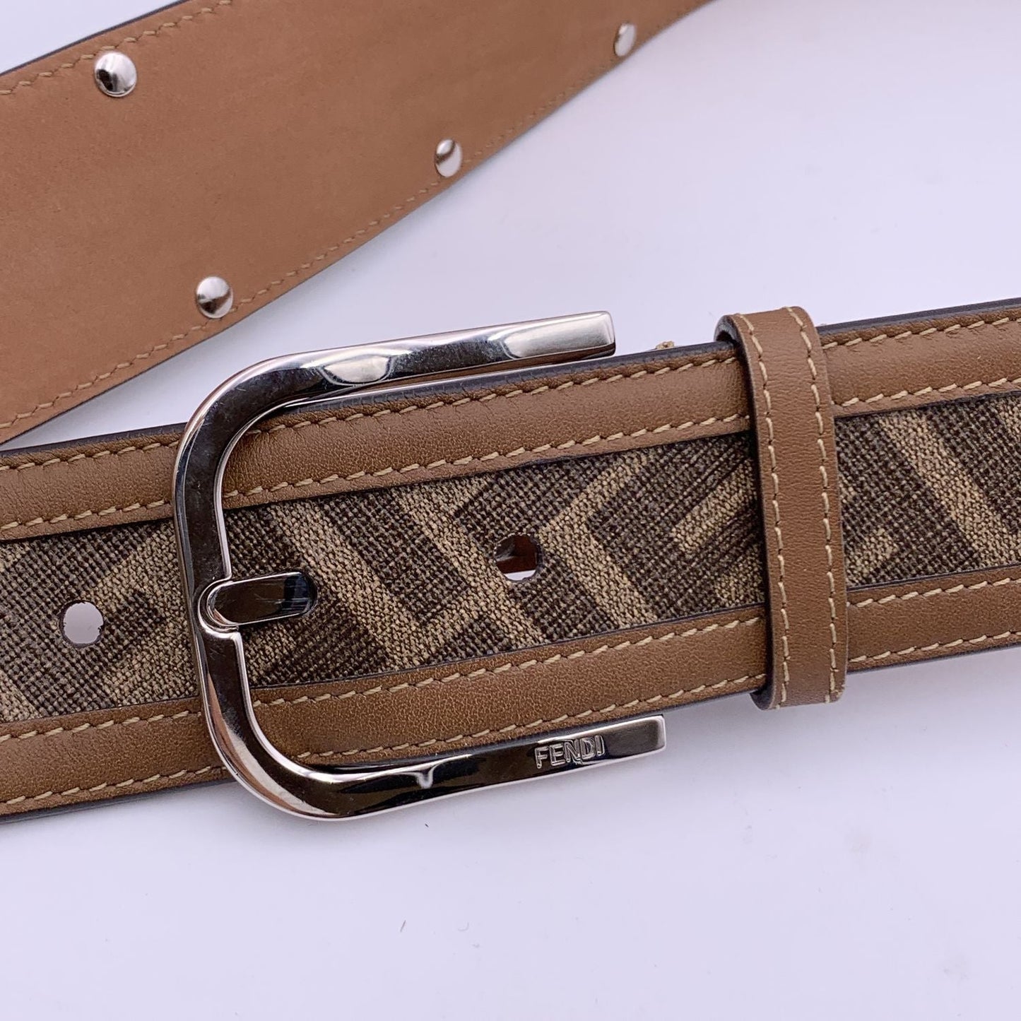 FENDI Beige Canvas Leather Zucca Studded Belt Size 90/36