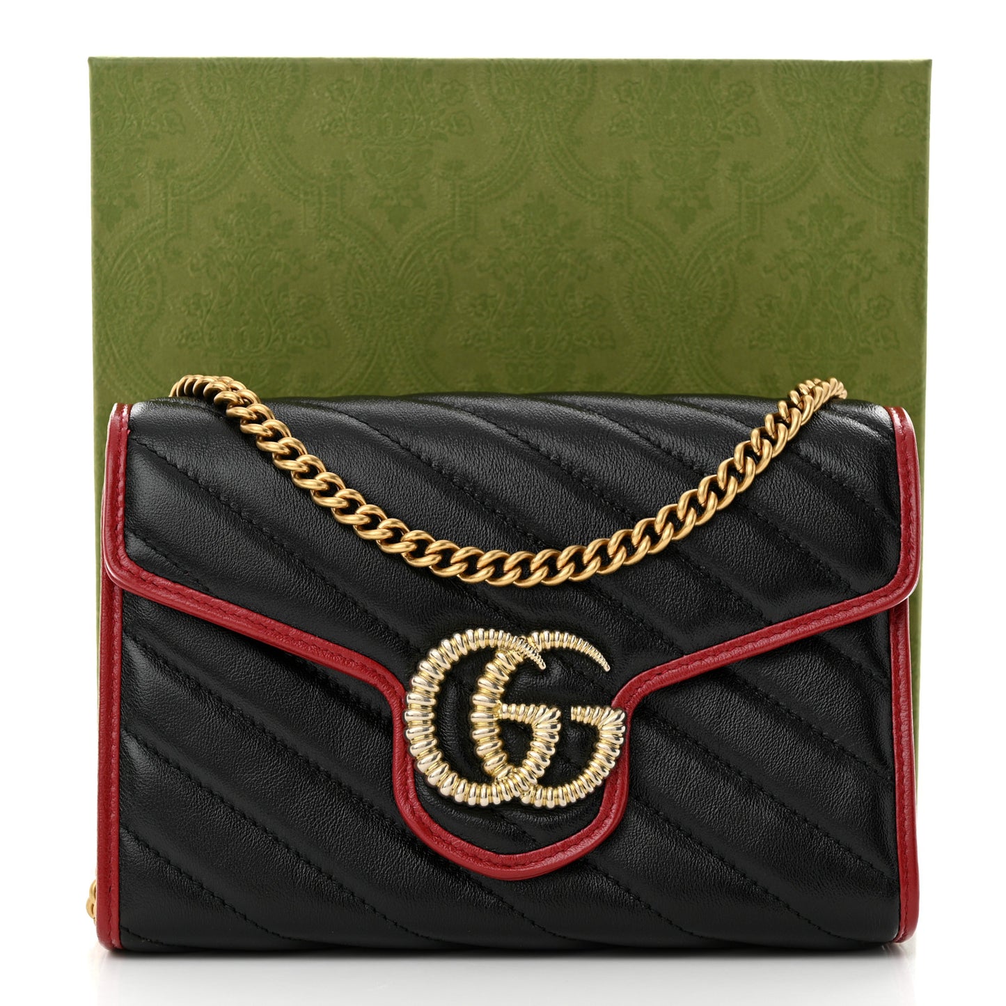 Gucci  Vintage Effect Calfskin Matelasse Diagonal Torchon GG Marmont Chain Wallet Black Romantic Cherry