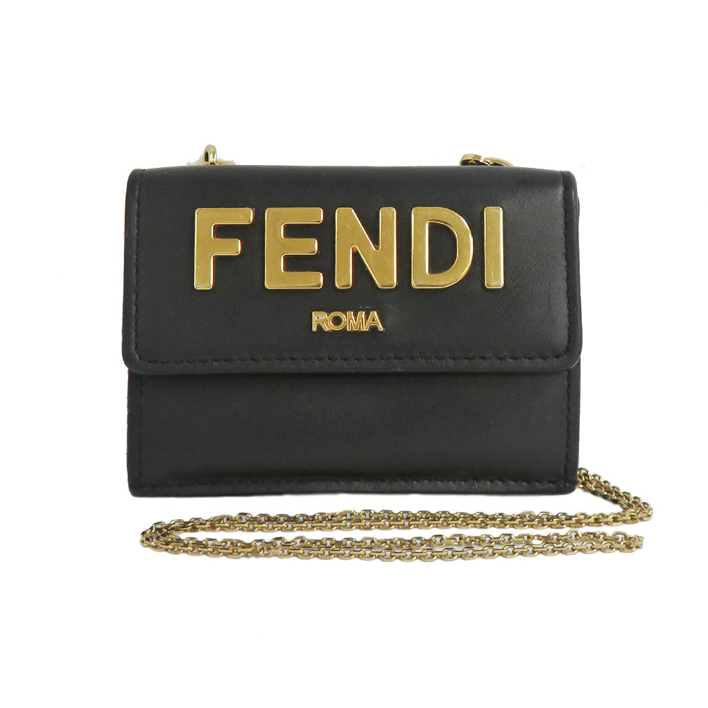 Fendi Chain Wallet 8M0481 Three Fold Wallet Mini Wallet Black Gold  Black Logo ather