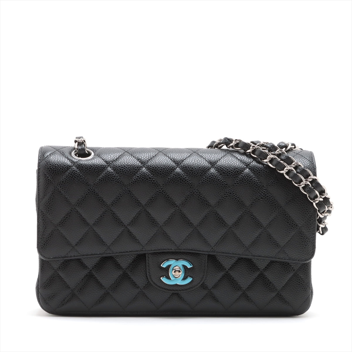 Chanel Matrasse 25 Caviar S Double Flap Double Chain Bag Black Silver