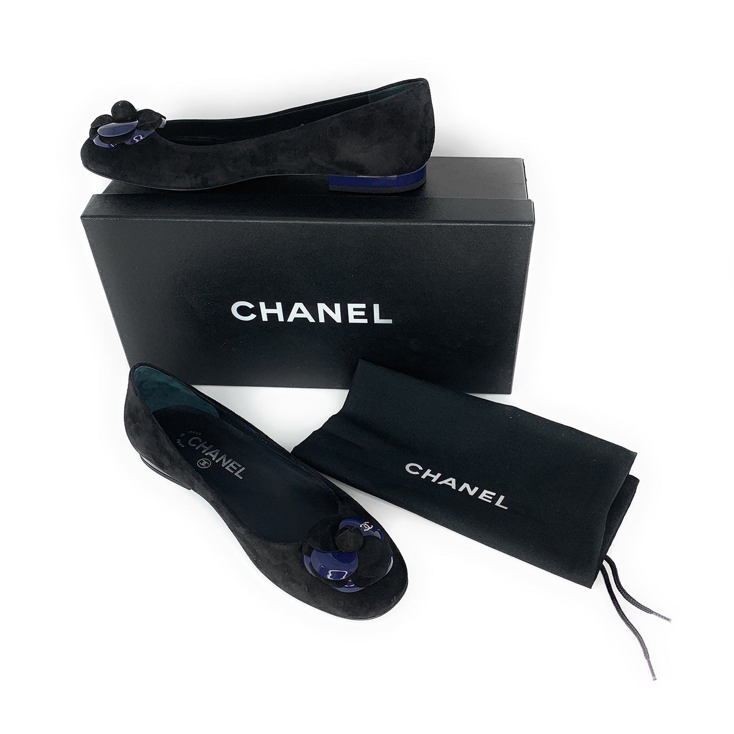 Chanel  16A CC Black Suede Camellia Ballerina Flats