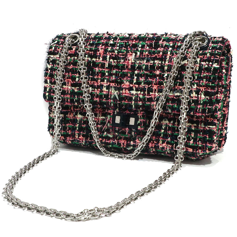 CHANEL 2.55 Chain Shoulder Bag Mini Flap Tweed Handbag 2WAY Check Red Pink Green Silver