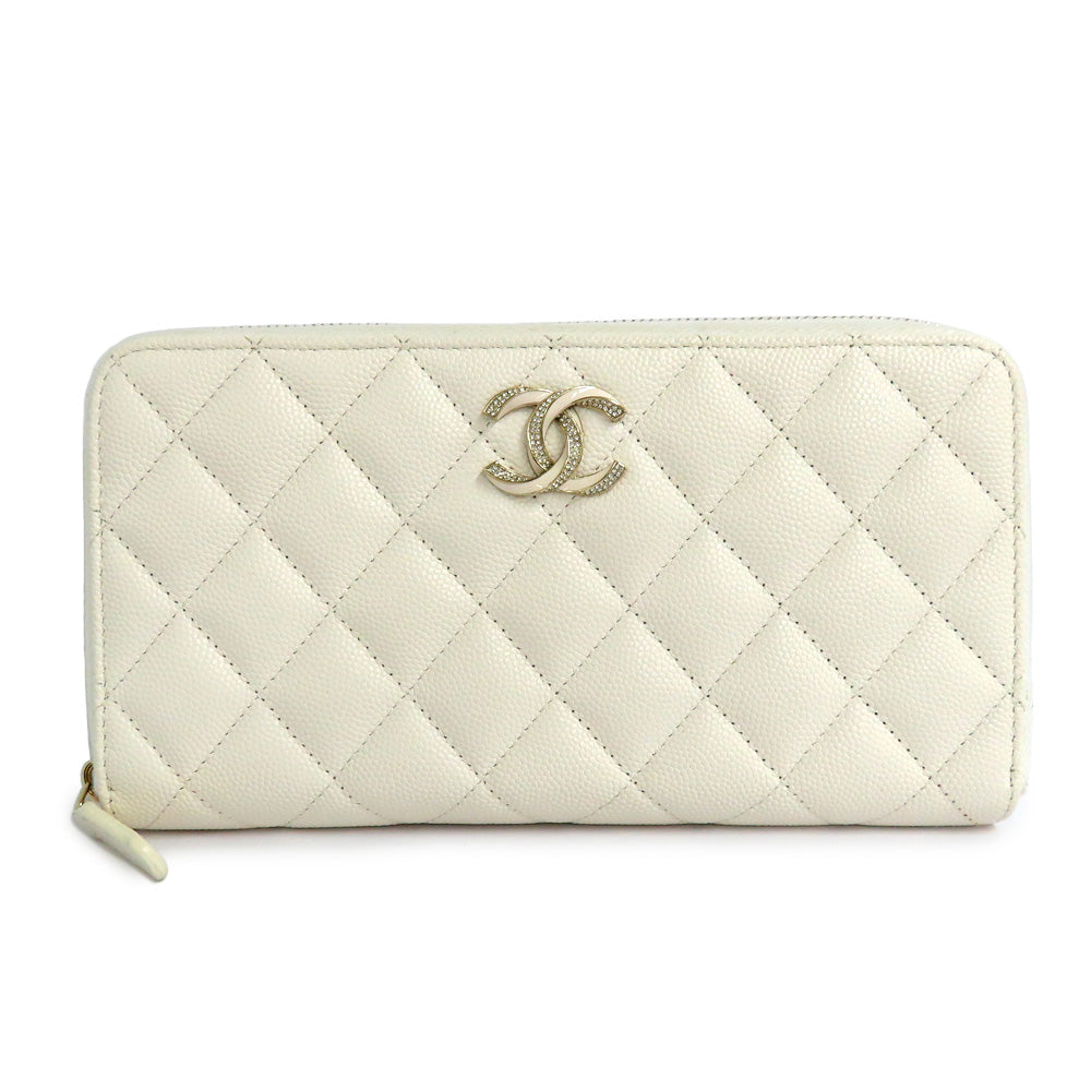 CHANEL CHANEL Long Zip Wallet AP3337 Matrasse Caviar S White G  Round  Long Wallet Coco Small Leather