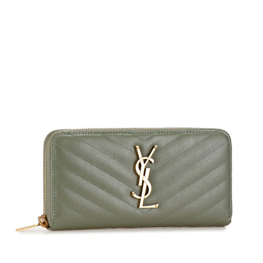 Saint Laurent YSL Logo tening Round Long Wallet 358094 Kerky Olive Leather  Saint Laurent