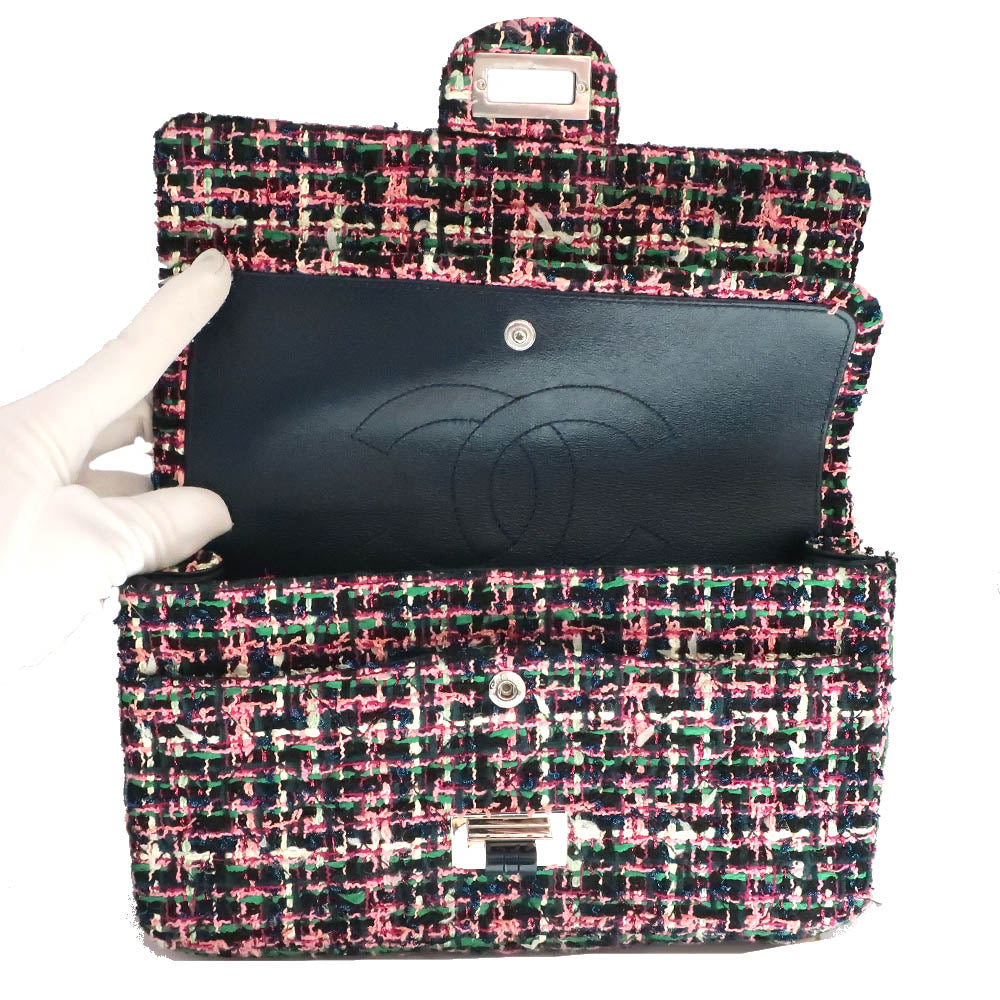 CHANEL 2.55 Chain Shoulder Bag Mini Flap Tweed Handbag 2WAY Check Red Pink Green Silver