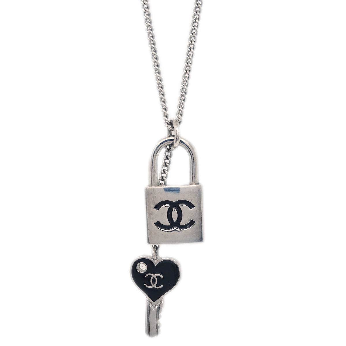 Chanel Padlock Key Chain Necklace Pendant Silver 07P