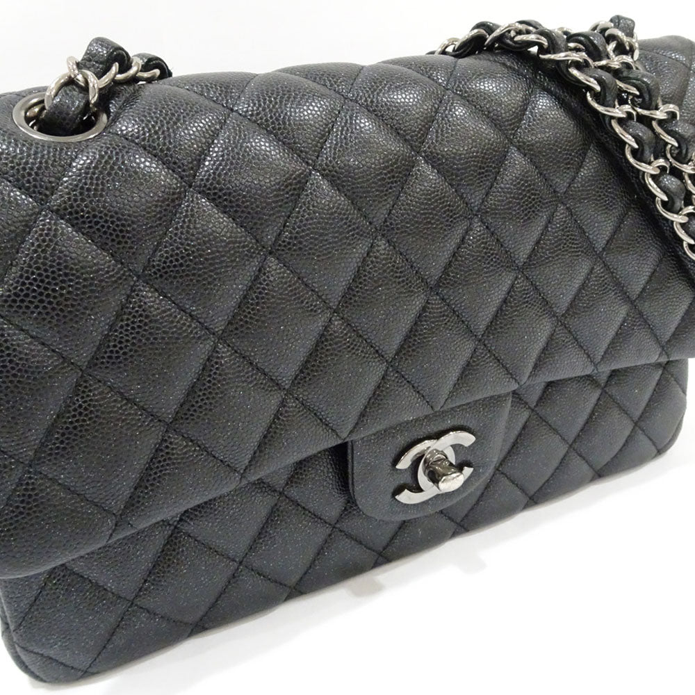 Chanel Matrasse 25 Classic Handbag W Flap Bag A01112 Black Silver  Green  S Caviar Skin Shoulder Bag