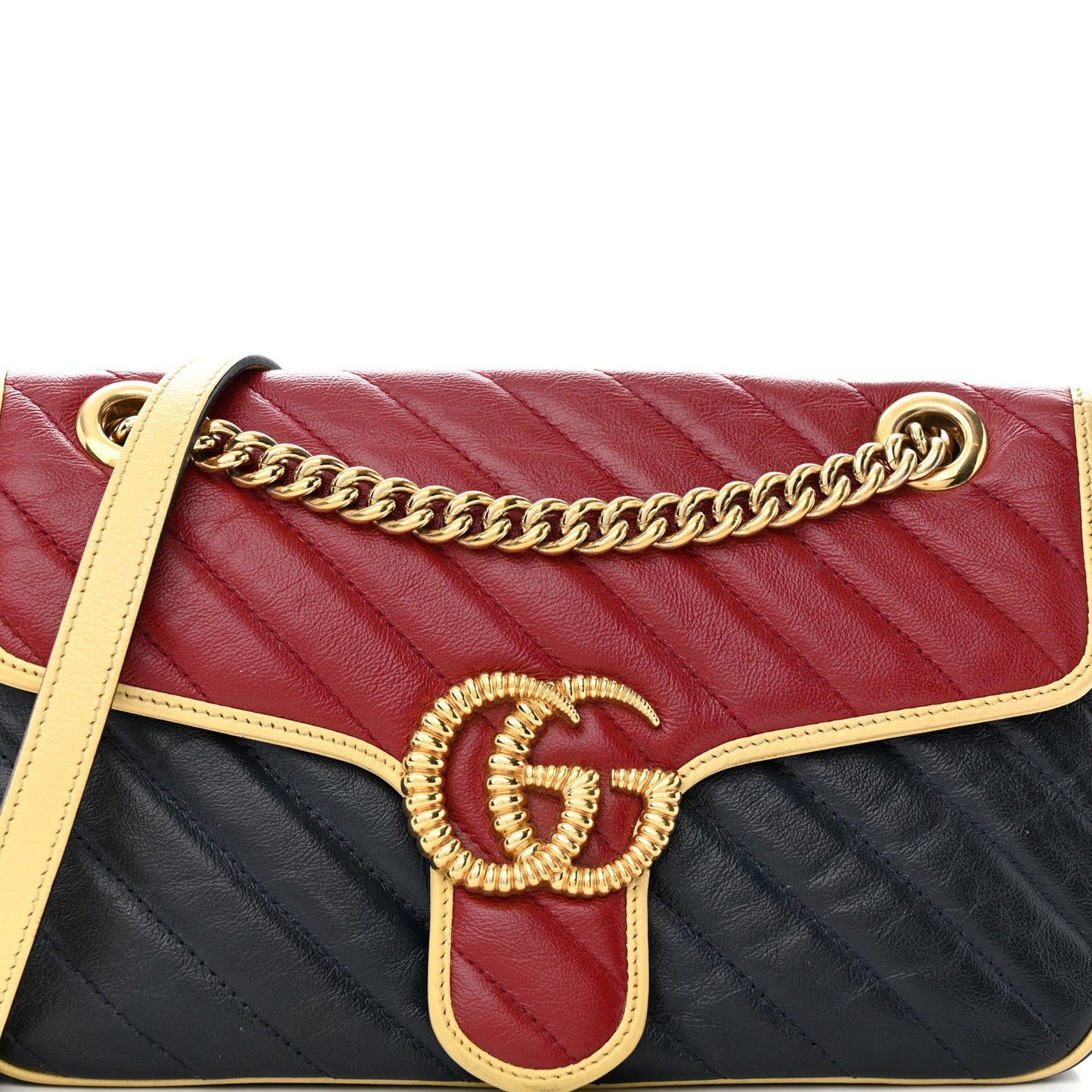 Gucci  Azalea Calfskin Matelasse Diagonal Small Torchon GG Marmont Shoulder Bag Blue Agata New Cherry Red Butter