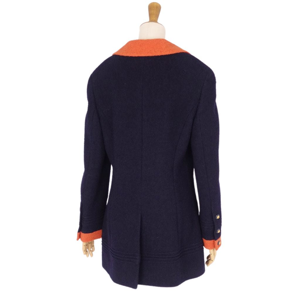 Vint Chanel Jacket 93A Wool Tweed Coco Button   French Made M Equivalent Navy/Orange